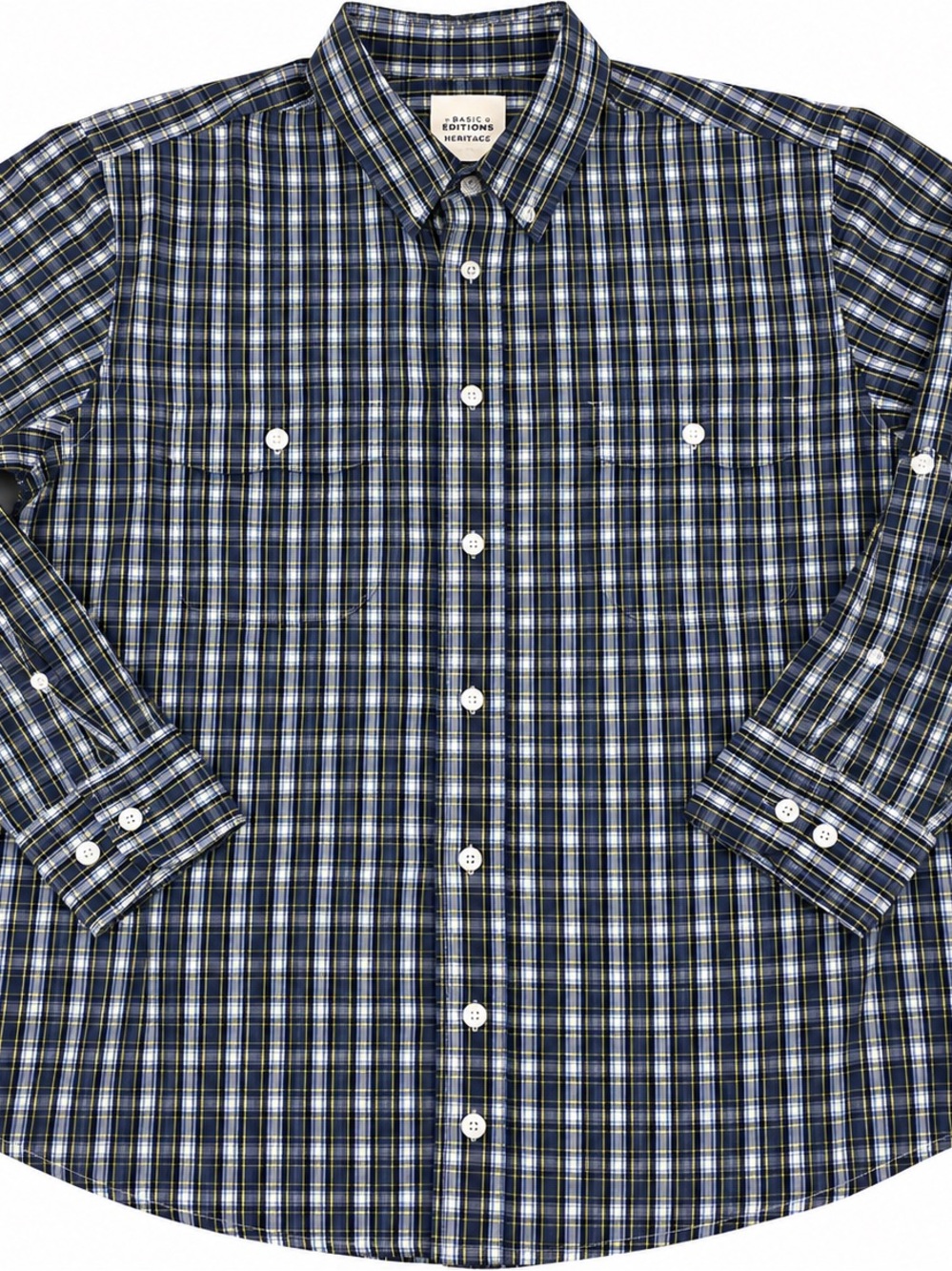 Basic Editions Men's Plaid Button-Down Shirt - Navy, White, Green